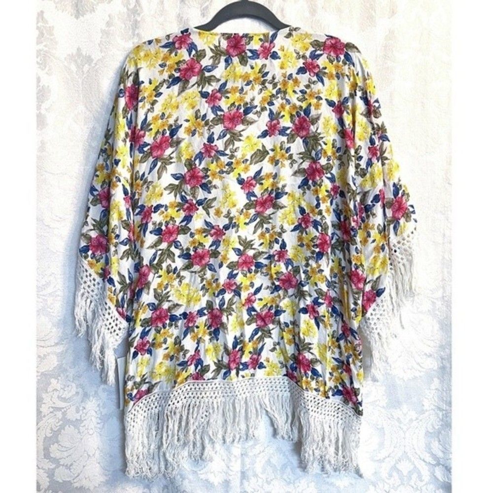 Zara Trafaluc NWT Floral Knit Trim Fringed Kimono Cardigan Size M Swim Cover Up - Picture 5 of 9